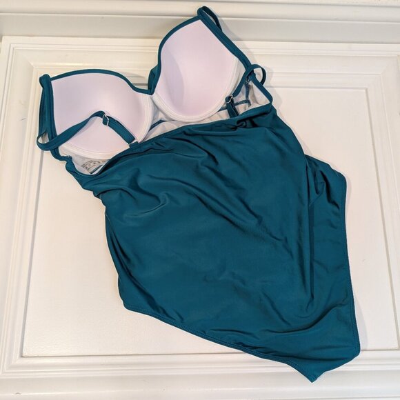 Shein Swim Suit One Piece Teal Green Solid Pleated Slim Fit High Leg - Size 2XL - Picture 2 of 4